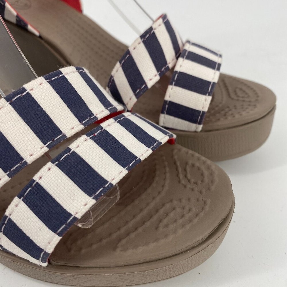 Crocs sandals womens 8 navy striped nautical leigh wedge strappy lightweight - Picture 3 of 7